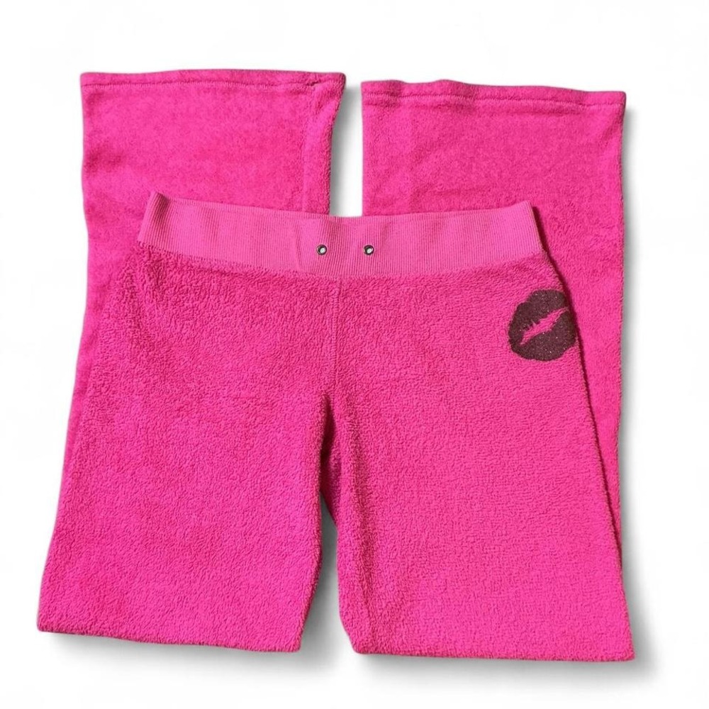 Y2K Pink‎ Terry Cloth Kiss Embellished Fleece Flare Pants Size Medium